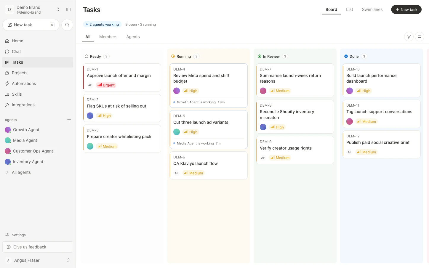 Piste task board for Demo Brand, with Angus Fraser and AI agents working together across Ready, Running, In Review, and Done