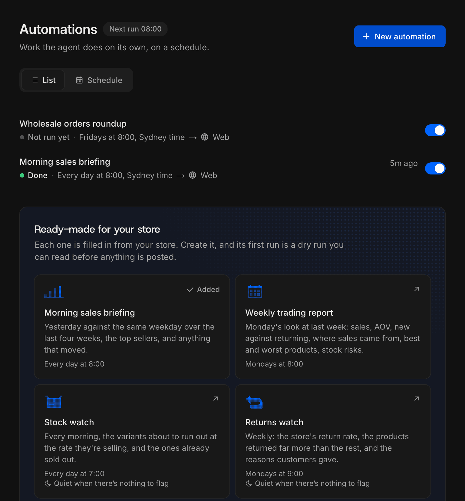 The Automations page: two automations with their schedules and on switches, then the Ready-made for your store templates