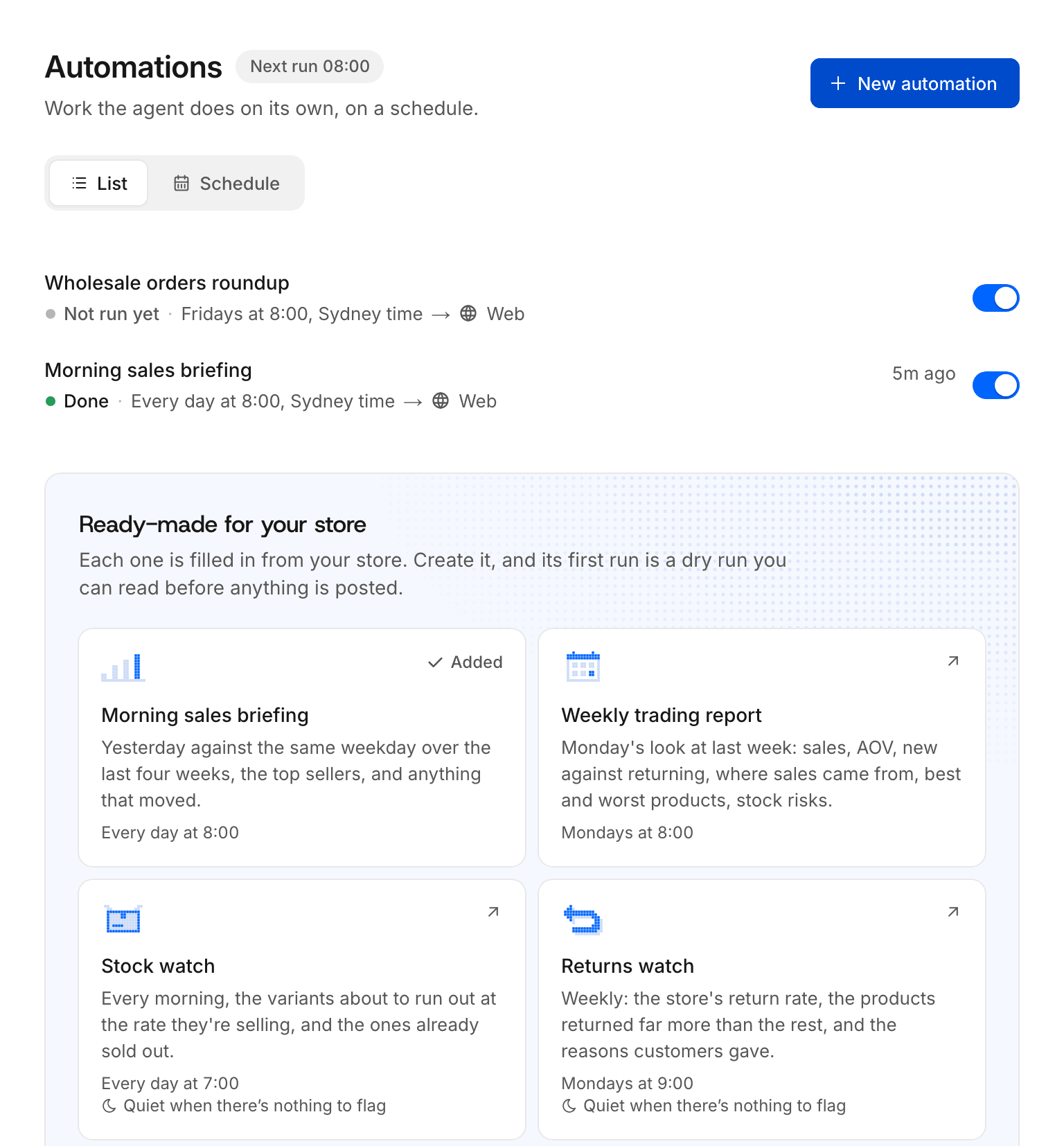 The Automations page: two automations with their schedules and on switches, then the Ready-made for your store templates