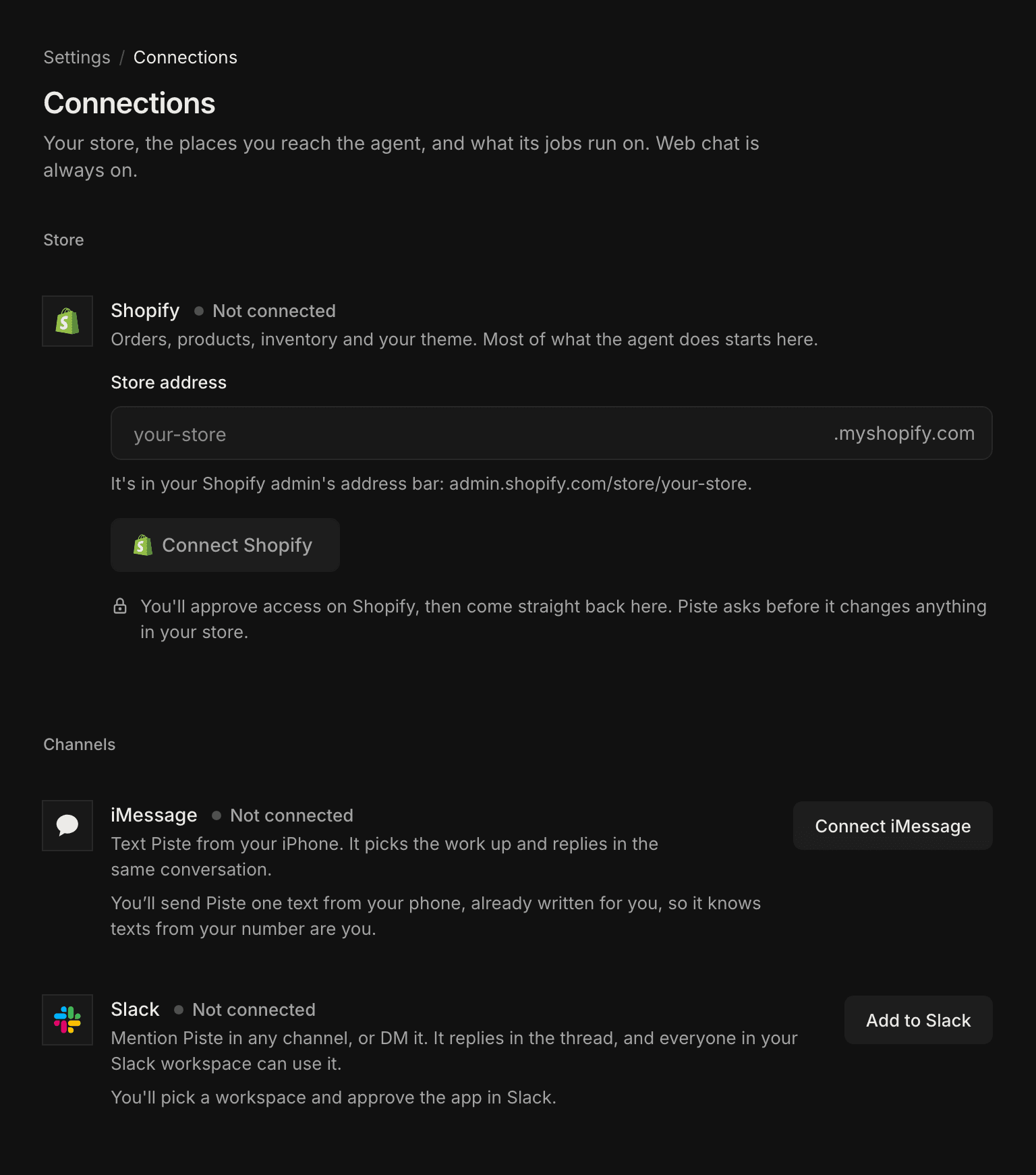 The Connections page with a Store section and a Channels section