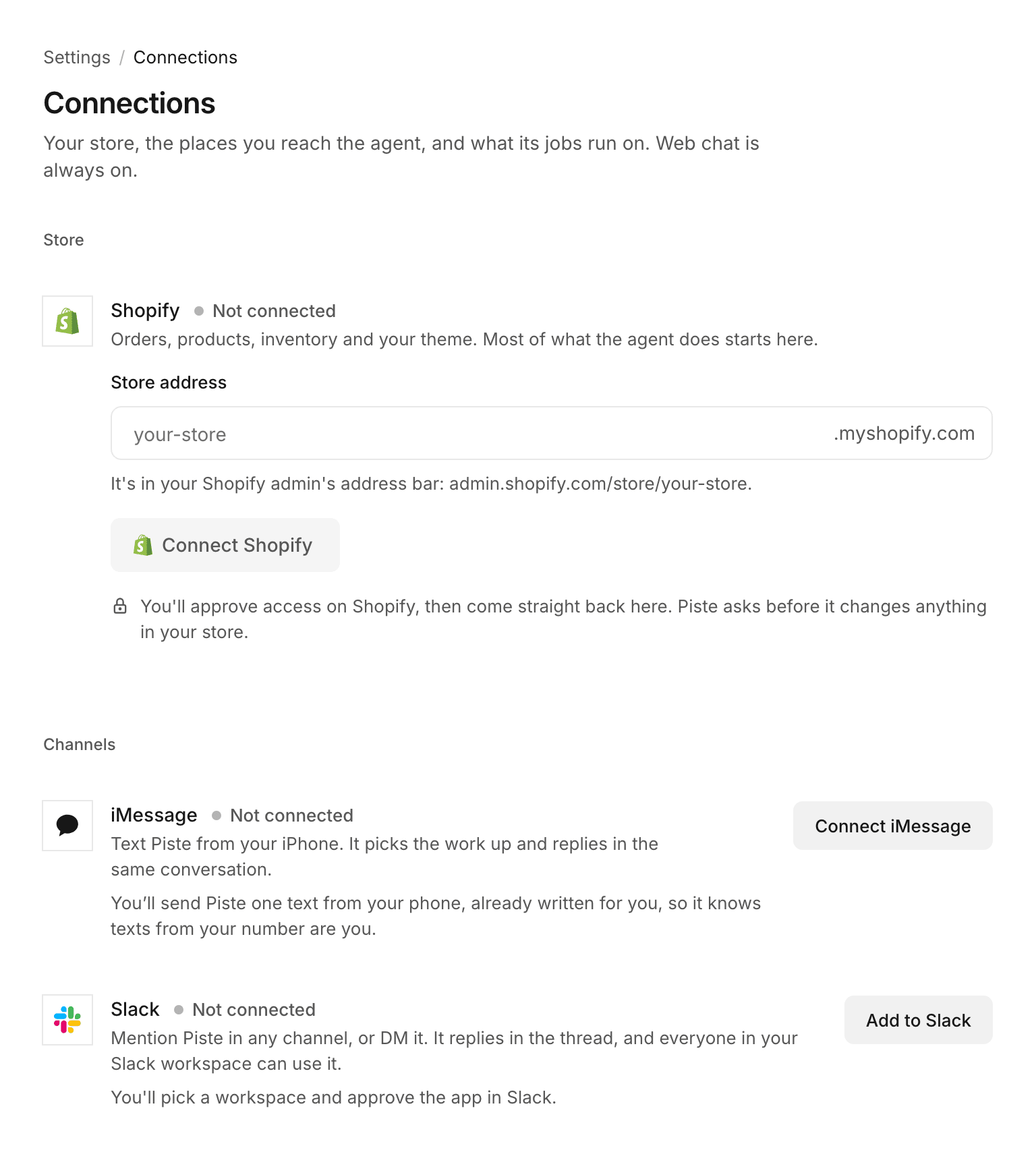 The Connections page with a Store section and a Channels section
