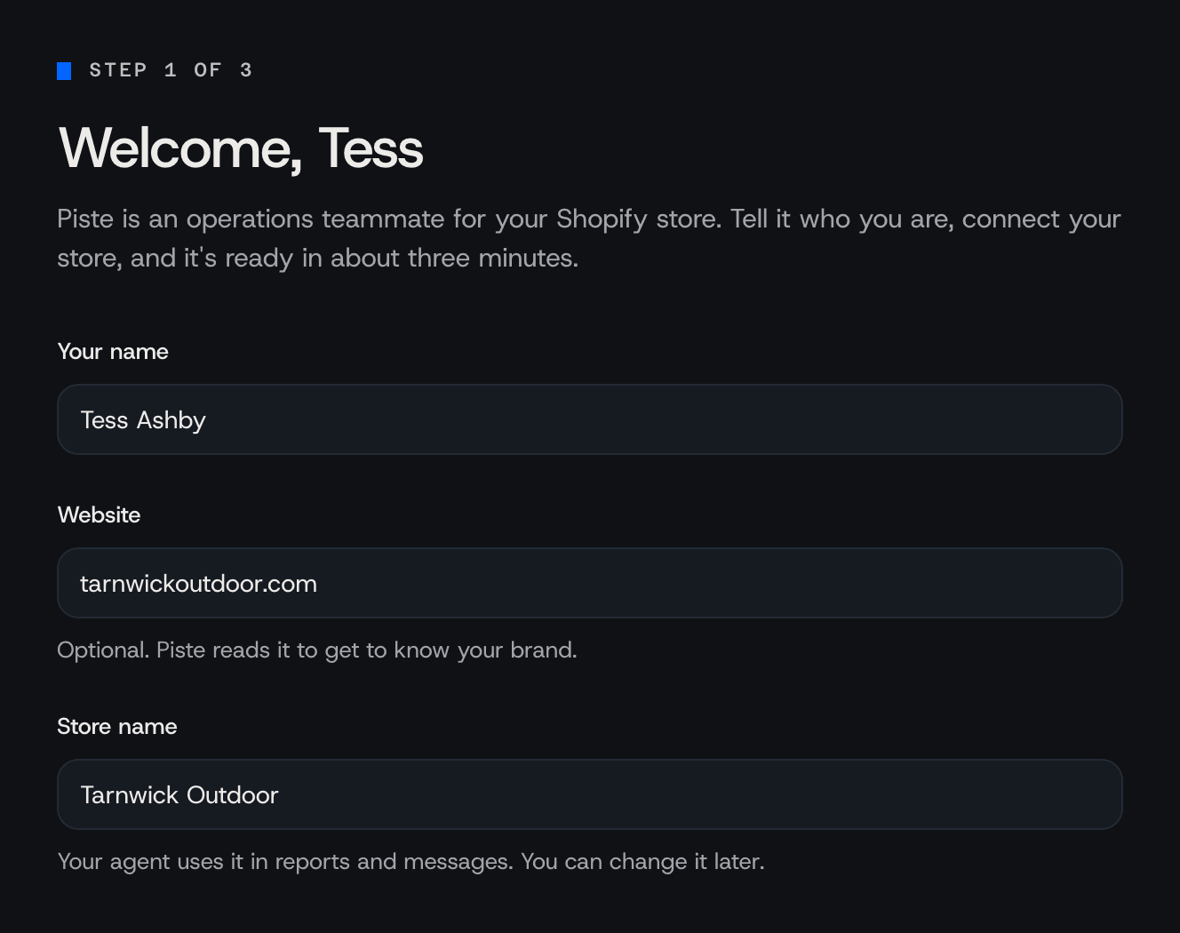 The Welcome screen of Piste's setup, step 1 of 3, with Your name, an optional Website and Store name