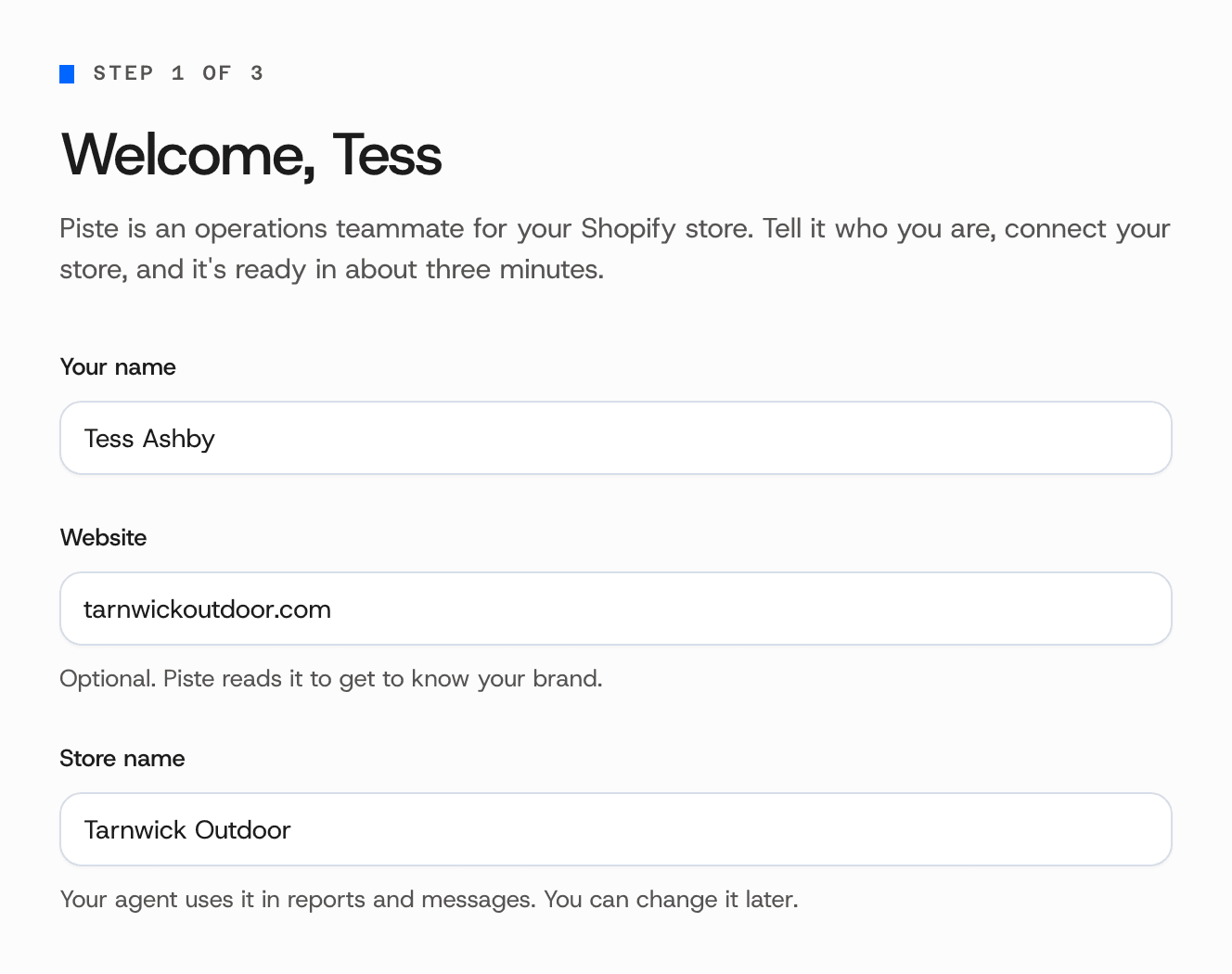 The Welcome screen of Piste's setup, step 1 of 3, with Your name, an optional Website and Store name